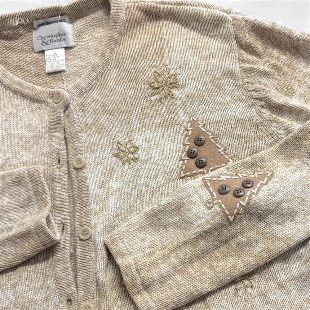 Christopher & Banks Women L Tan Snowflake Tree Hand Embroidered Cardigan Sweater